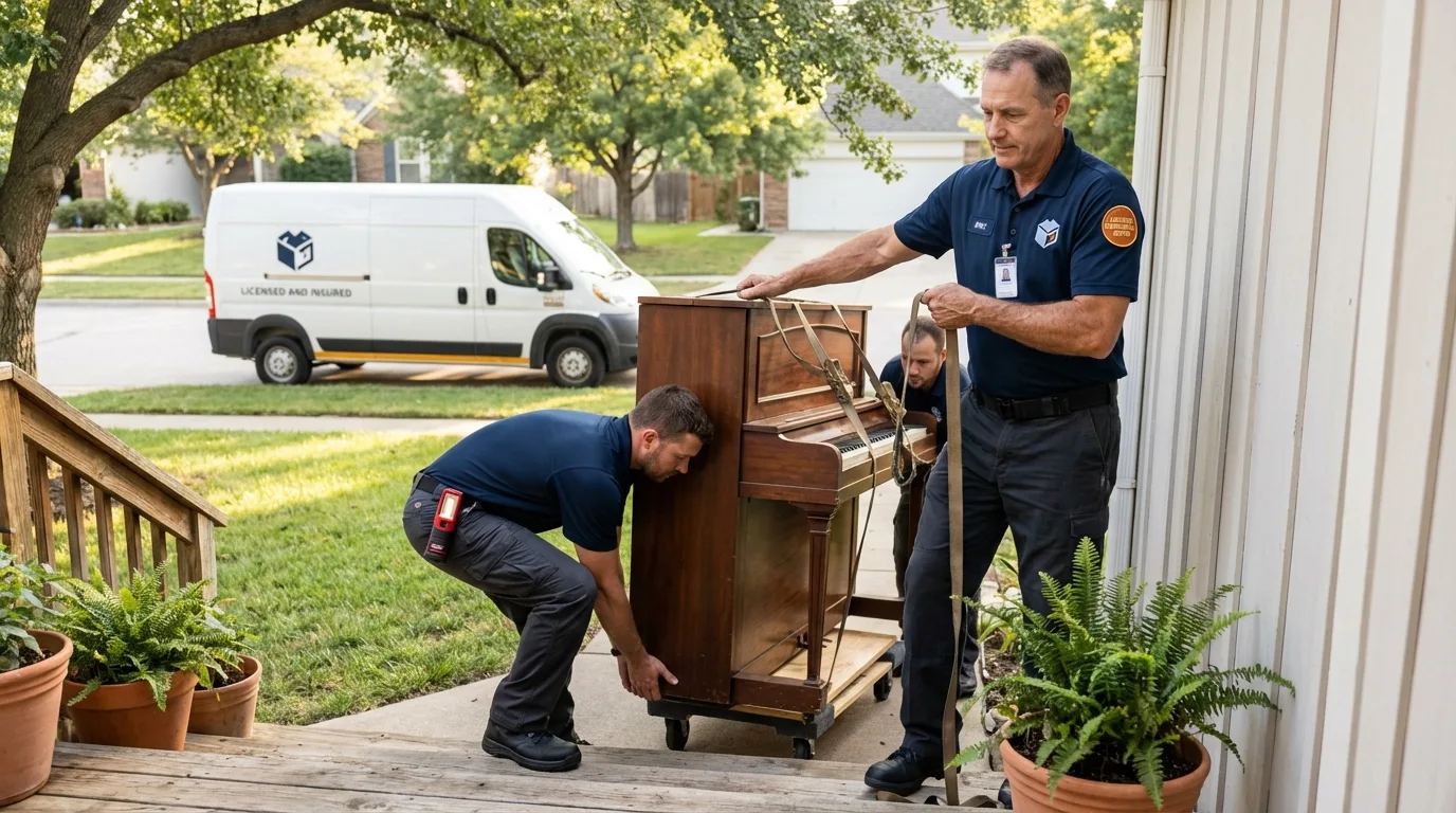 Licensed piano movers securing grand piano in Humansville, MO