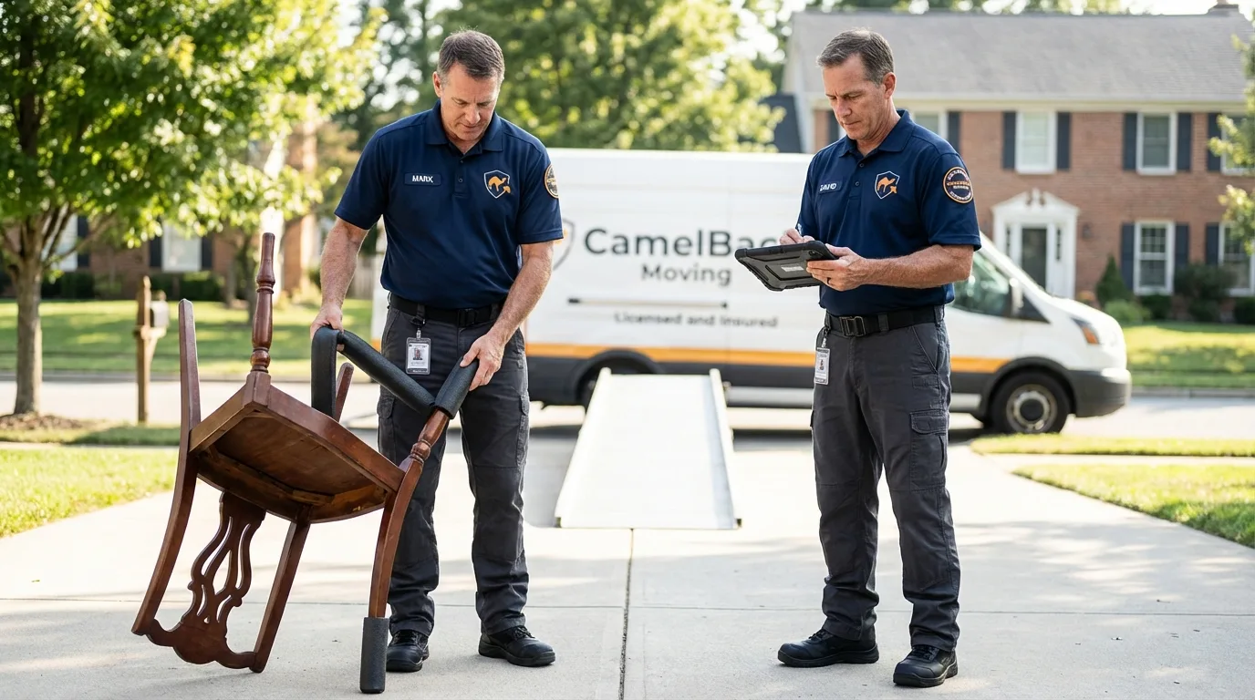 Movers inspecting furniture for damage prevention before loading in Humansville, MO