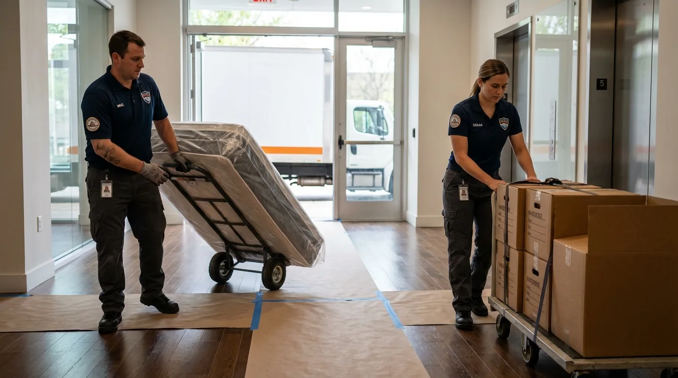Professional apartment movers loading elevator in Humansville, MO